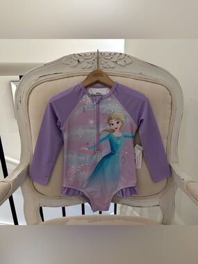 🤍 3T Disney Purple Ruffled Frozen Elsa Long-Sleeve One-Piece Swimsuit NWT